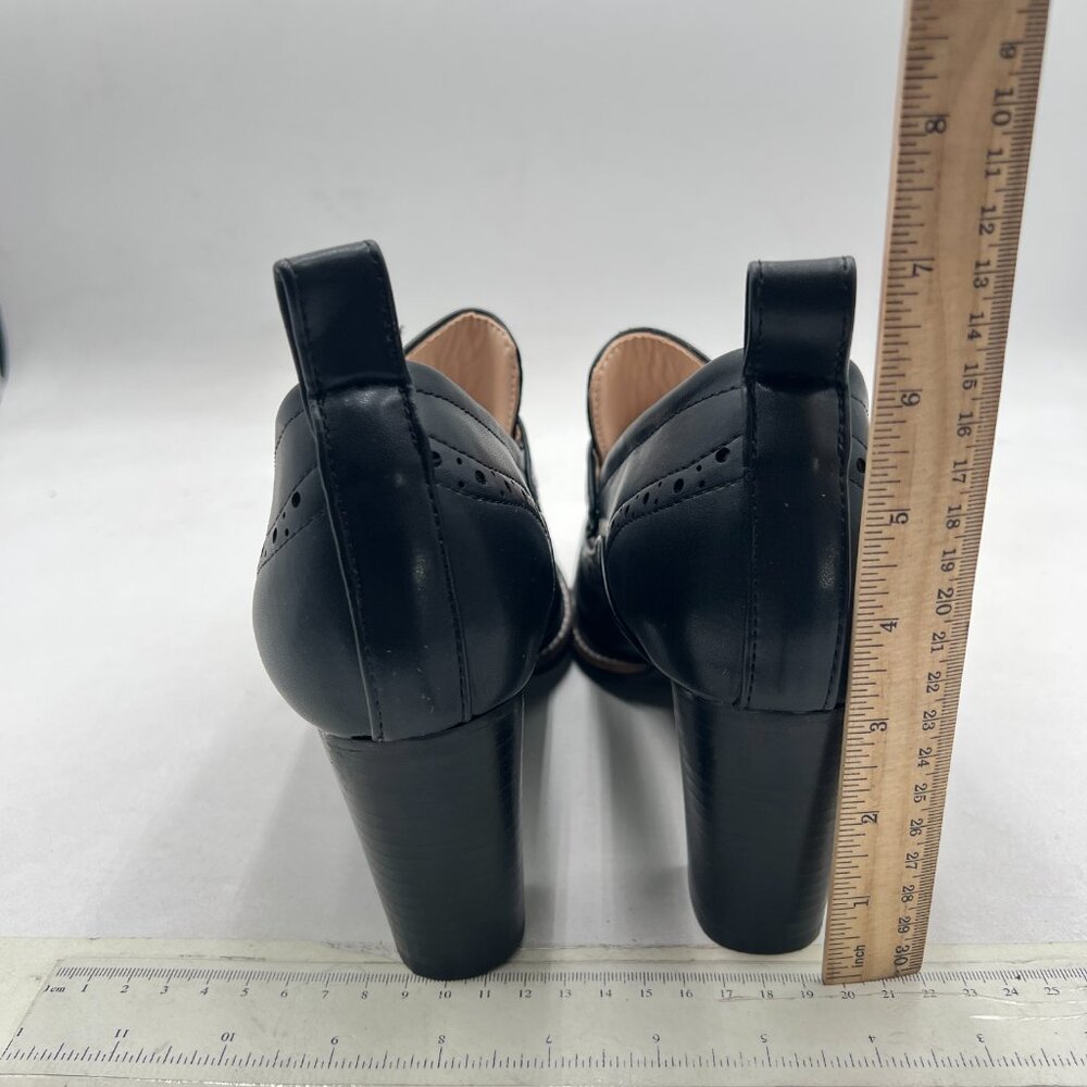 YDN Black Chunky High Heels Round Toe Oxford Loafer - Picture 5 of 8